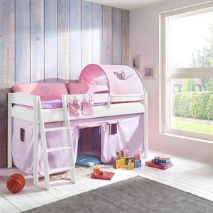 Halbhohes Kinderbett VIBORG-13 90x200 cm Buche massiv weiß lackiert, mit Textilset purple/rosa/herz
