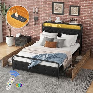 Flieks Polsterbett Stauraumbett Metallbett mit USB, Doppelbett Jugendbett mit 4 Schubladen, Eisenbett Funktionsbett mit LED & Lattenrost, PU, Schwarz