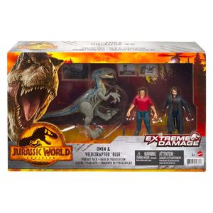 Mattel GWN25 - Jurassic World - Extreme Damage - Owen & Velociraptor 'Blue', Spielfiguren Set, 3er-Pack