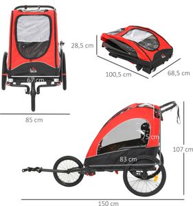 HOMCOM 3 in 1 Kinderanhänger Aluminium Kinder Jogger Fahrradanhänger Radanhänger für 2 kinder mit Fahne Rot+Schwarz