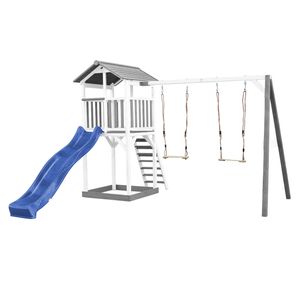 AXI Beach Tower Spielturm aus Holz in Weiß & Grau | Spielhaus für Kinder mit blauer Rutsche, Doppelschaukel und Sandkasten | Stelzenhaus für den Garten
