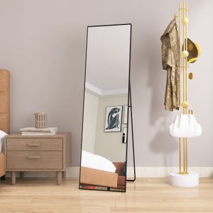 Fortuna Lai stojící zrcadlo v plné délce se zlatým kovovým rámem 140x40 cm, HD velké šatní zrcadlo obdélníkové vysoké zrcadlo do obývacího pokoje nebo šatny, černé
