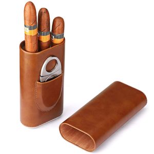 Zigarrenetui mit 3 Fingern, Leder, Zedernholz, mit silberfarbenem Edelstahlschneider, Braun