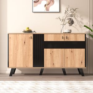 Merax Kommode inkl. LED-Beleuchtung, Sideboard mit 3 Türen und 6 Fächer, Anrichte Buffet Landhaus Aufbewahrung Schrank 140x78x41cm, Natur/Schwarz