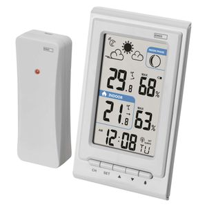 EMOS Mini Funk-Wetterstation mit Außensensor, mißt Innen- und Außentemperatur, Feuchtigkeit, Wettervorhersage, Funkuhr mit Wecker, E0352