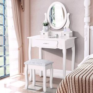 Toaletní stolek se zrcadlem a stoličkou, 3 zásuvky včetně 2 přepážek, zařízení proti překlopení, bílý, 75 x 40 cm