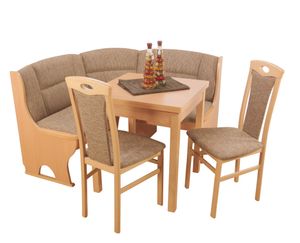 Eckbankgruppe 4-teilig, Buche natur, Eckbank mit Truhe, Tisch ausziehbar, Bezugsfarbe cappuccino, 125 x 125 cm