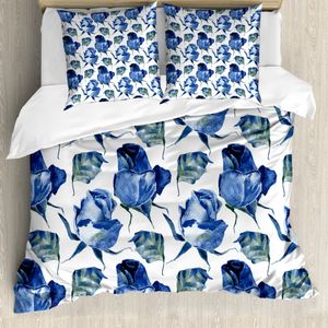 ABAKUHAUS Aquarell Bettbezugs Set Für Doppelbetten, Blumengesteck, Milbensicher Allergiker geeignet mit Kissenbezügen, Violettblau Blaugrau