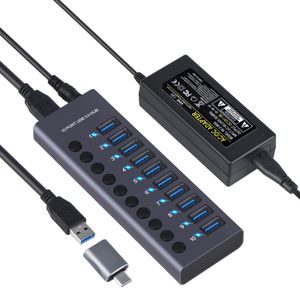 Hub Adapter 10 Port USB 3.0 HUB Verteiler Multi Port mit Schalter 300 MB/s Hochgeschwindigkeitsuebertragung, 12 V 5 A Netzteil fuer Laptop, PC, Smartphone, Tablet, Tastatur, Maus, Flash-Laufwerk, USB-Luefter, Lampe