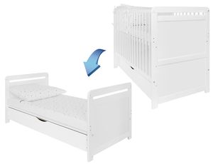 iGlobal 2-in-1 Baby Gitterbett Babybett Kinderbett mit Matratze höhenverstellbar umbaubar zum Juniorbett Unterbettschublade Weiß 120x60 cm