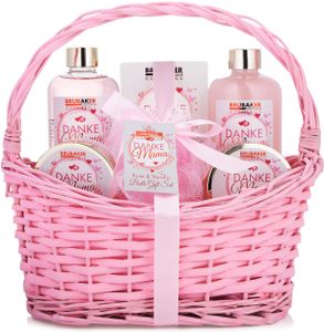 BRUBAKER Cosmetics - Danke Mama - 7-teiliges Muttertags Bade- und Dusch Set - Rosen Vanille Duft - Geschenkset in Vintage Korb Rosa