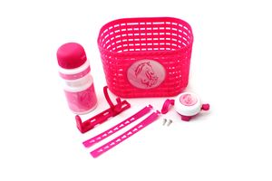 Set aus Fahrradkorb Trinkflasche und Klingel für Kinder pink mit Pferd für Laufrad, Dreirad, Fahrrad, Roller