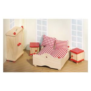 goki 51954 Spálňa s nábytkom pre bábiky, červená/prírodná (1 sada)