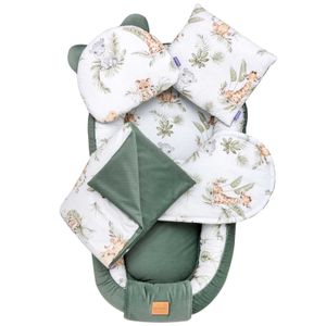 JUKKI® Baby Nestchen ✨ 5tlg SAMT SET für Neugeborene [Savanna Fun + Olive Velvet] 2seitig 100x55cm Babynest + Matratze + Decke + 2xKissen