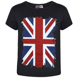 Kinder Mädchen Jungen Schwarz PE Schule Britische Flagge Drucken T-Shirt 152