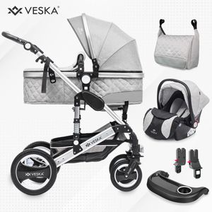 Kombinovaný kočík VESKA® 3 v 1 vrátane detského nosiča, kočíka, joggeru s prebaľovacou taškou, moskytiéry, pláštenky, hracieho stolíka, nánožníka na autosedačku, QuickFold, hliníkový rám - strieborná - sivá/sivá
