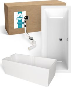 Calmwaters® Badewanne Komplettset 170x75 cm Modern Select, Acryl-Badewanne mit Wannenträger und Excenter-Ablaufgarnitur, Körperformbadewanne für Zwei, Rechteckbadewanne 170 x 75, Weiß, 99000157