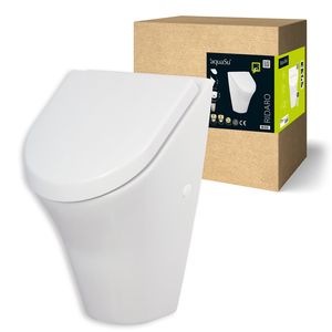 aquaSu® Urinal-Set ridaRo in weiß, Urinal inklusive Urinal-Deckel und Absaugeformstück, Abgang und Zulauf hinten, Deckel mit Absenkautomatik, aus Sanitärkeramik, 556590
