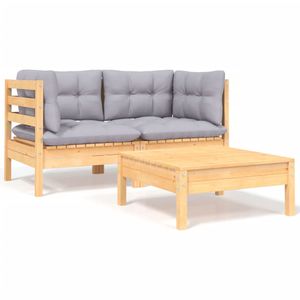 Prolenta Premium - 3-tlg. Garten-Lounge-Set mit Grauen Kissen Kiefer Massivholz