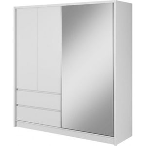 GRAINGOLD Schwebetürenschrank 200cm Steel - Kleiderschrank mit Spiegel und Schubladen -  Schiebetürenschrank, Schrank für Schlafzimmer - Weiß
