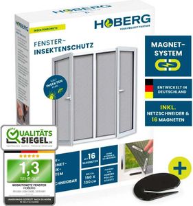 Hoberg Fliegengitter für Fenster mit Magnetbefestigung Moskitonetz zuschneidbar bis 150 x 130 cm Einfache Montage Insektenschutz ohne Bohren, Schrauben