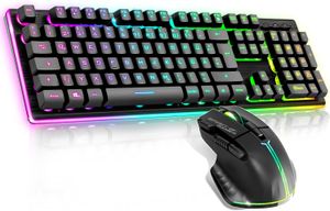Gaming Tastatur Maus Set Kabellos Schwarz Wiederaufladbar RGB | Layout QWERTZ Deutsch | Keyboard Semi Mechanisch | 4800 DPI Wireless Mouse | Für PS5