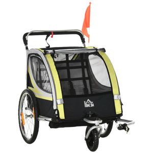 HOMCOM 2 in 1 Kinderanhänger, Fahrradanhänger Kinderfahrradanhänger mit 5-Punkt Sicherheitsgurt, 360° Drehbar Kinderbuggy mit Fahne für max. zwei Kinder ab 1,5 Jahren, Gelb