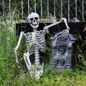 90cm Halloween-Skelett mit Halloween-Schaumstoff-Grabstein Halloween Lebensgröße Beweglich Lehrmodell Anatomie Deko-Party-Requisite