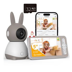 2K Babyphone mit Kamera PTZ 355° mit 32G Karte, 5“ Baby Monitor Auto-tracking, Weinen- Geräuscherkennung, Temperatur- und Feuchtigkeitsmessung