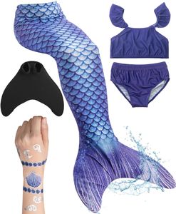 Meerjungfrauenflosse für Mädchen, Kinder, Jugendliche Schwimmfosse mit Bikini und Tattoos Meerjungfrau Kailani (blau-schwarz) Körpergröße bis 140cm