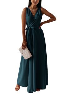 Damen Maxi Abendkleider Ärmellos Kurzarm V-Ausschnitt Höhe Taille Elegant Lang Kleid Grün,Größe M