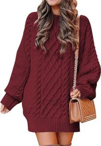 ASKSA Damen Pulloverkleid Rundhalsausschnitt Langarm Zopfmuster Rollkragen Chunky Pullover Kurze Pulloverkleider, Rotwein, M