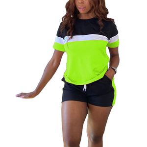 Damen Zweiteiliger Sportanzug Kurzarmshirt + Shorts Sport Fitness,Farbe: Leuchtendes Grün,Größe:L