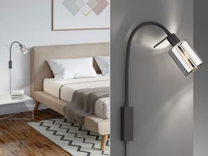LED Bettlampe & Wand Leselampe Schwarz Lampenschirm Rauchglas - Industrial Style