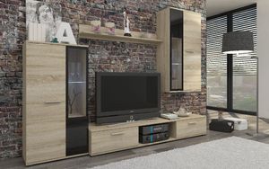 Wohnwand SALSA Schrankwand TV-Schrank Wandregal 2xVitrine Wohnkombi Wohnzimmer Anbauwand Sonoma