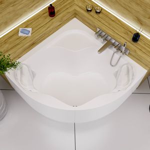 ECOLAM Badewanne Eckbadewanne SELMA 140 x 140 cm + Acrylschürze + 2 Kopfkissen Mare Eckwanne Acrylwanne symmetrisch Acryl weiß Ablaufgarnitur Viega