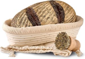 Gärkorb zum Brotbacken - Aus nachhaltigem Rattan - Oval - 35cm - Set inkl. Bürste, Leineneinlage & Brotbeutel - Geruchsneutral