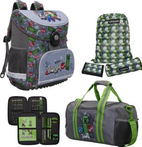 Minecraft Schulranzen für Jungen 1. Klasse Graue Schultasche im Set 6-teilig mit gefüllter Federmappe und Sporttasche