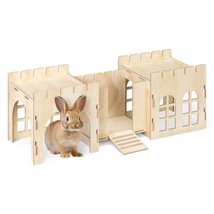 Navaris Hasenburg aus MDF 69 x 24 x 25,5 cm - Kaninchenhaus Nagerhaus Hasenhöhle zum Zusammenstecken - Holz Schloss für Kaninchen Hasen naturbelassen
