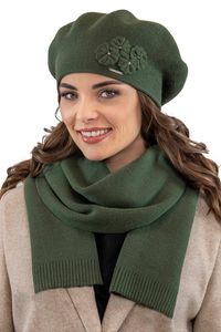 Vivisence damen baskenmütze eleganter wintermütze und schal set warm kopfbedeckung und halsbedeckung an winter und herbst warm dick, winterset für frauen, hergestellt in der eu, grün, einheitsgröße