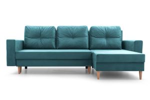 Ecksofa mit Schlaffunktion und Bettkasten - Ottomane links als auch rechts montierbar | Couch für Wohnzimmer, Schlafsofa Sofagarnitur Sofa Eckcouch L-Form Wohnlandschaft - 232x90x142 cm - CARL Blau (Manila 12)