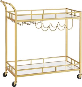 VASAGLE Servierwagen, Servierwagen mit Rollen, Glashalter, 2 Glasablagen, Barwagen, Weinwagen, für Küche, Esszimmer, Bar, goldfarben