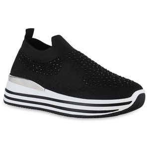 VAN HILL Damen Plateau Sneaker Strass Schnürer Strick Schlupf-Schuhe 840947, Farbe: Schwarz Weiß, Größe: 39