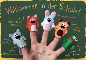 DeCoArt...  2 Glückwunschkarte Schulanfang Willkommen in der Schule Fingerfiguren  ca 12x17 cm bunt