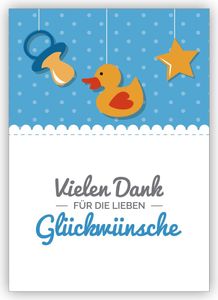 Süße hellblaue Dankeskarte zur Geburt eine Babys mit Ente und Schnuller: Vielen Dank für die lieben Glückwünsche