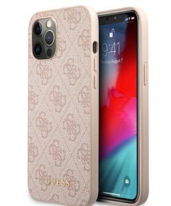 Guess Handyhülle  pink mit 4G-Muster und goldfarbenem Metall-Schriftzug für iPhone 12 Pro 6,1" Hardcase