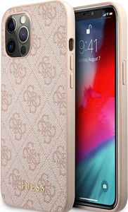 Guess Handyhülle  pink mit 4G-Muster und goldfarbenem Metall-Schriftzug für iPhone 12 Pro 6,1" Hardcase