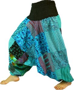 Sommerliche Aladinhose Patchwork Pluderhose, Hippie Hose - Türkis, Damen, Baumwolle, Hosen