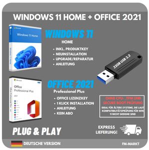 Windows 11 Home + Microsoft Office 2021 Professional Plus | 32GB USB 3.2 Stick | inkl. Lizenzschlüssel | OHNE TPM 2.0 | Bundle Set