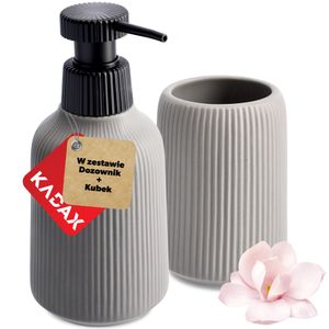 KADAX Badezimmeraufbewahrung Set aus Keramik "Mataro", Badezimmerbecher, Seifenspender, Grau